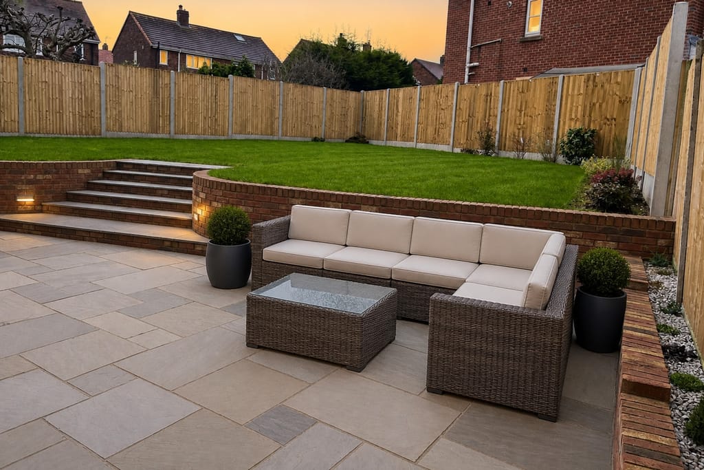 Sandstone terrace at dusk with a corner sofa, lit steps and a curved brick retaining wall below a new lawn