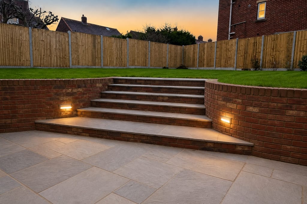 Flight of stone steps with brick risers rising from a sandstone patio to a lawn, with lit wall lights either side
